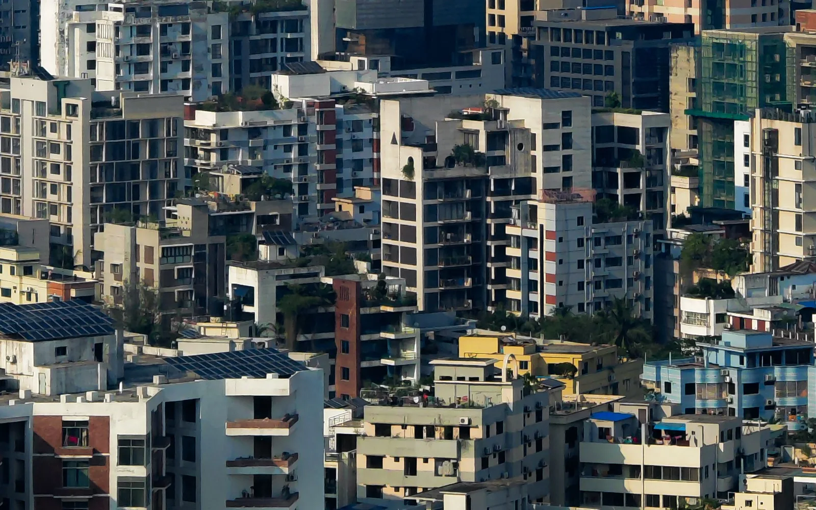 A view of Dhaka's dense urban landscape and congested streets.