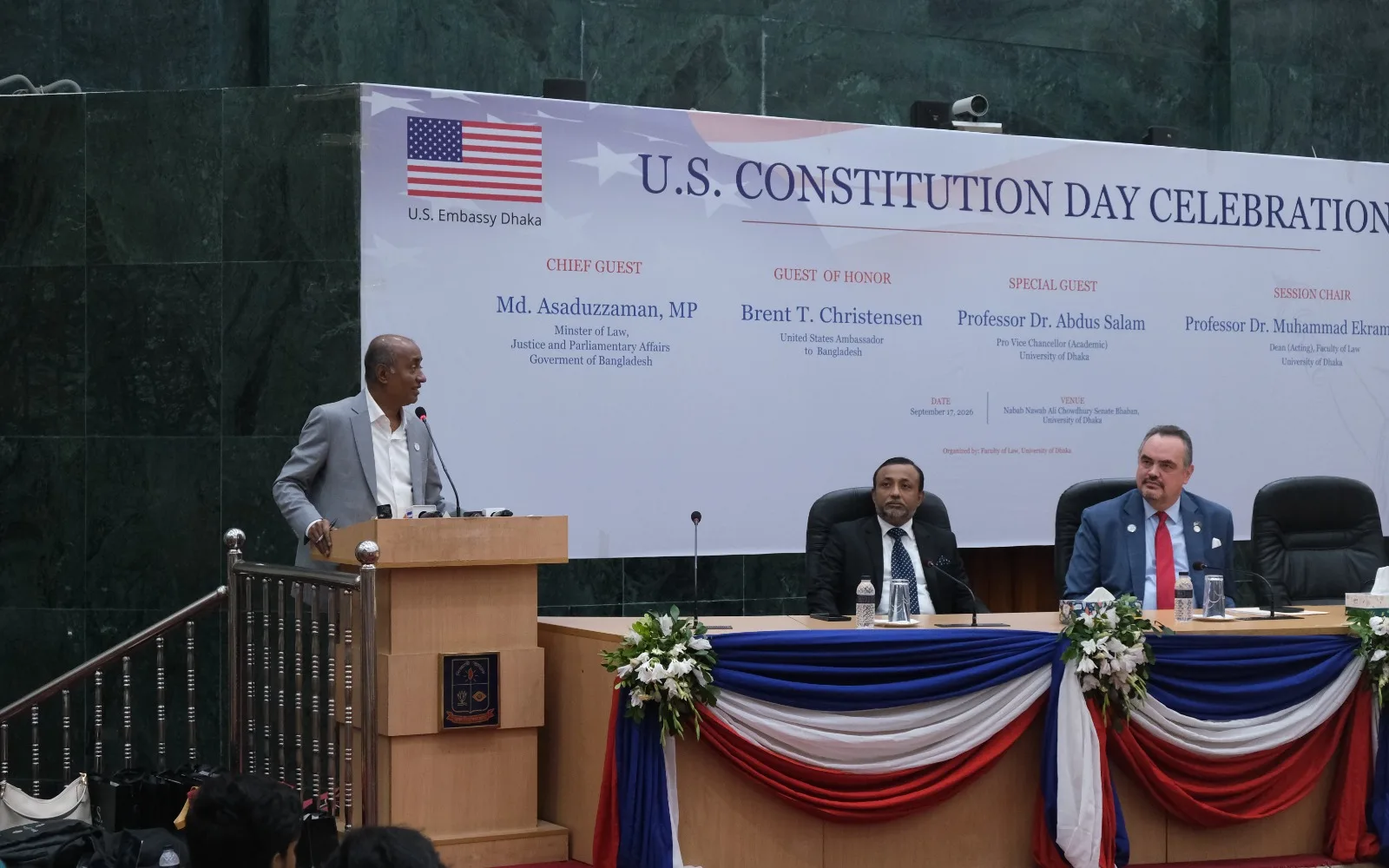 Law Minister Mohammad Asaduzzaman speaking at U.S. Constitution Day programme at Dhaka University.
