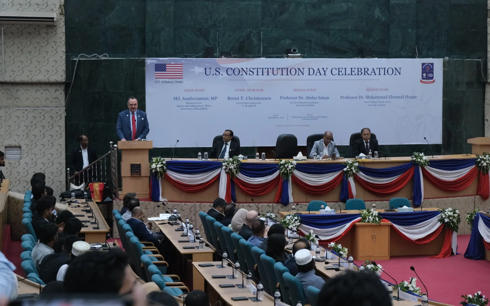 US Ambassador Brent T. Christensen speaking at U.S. Constitution Day programme at Dhaka University.