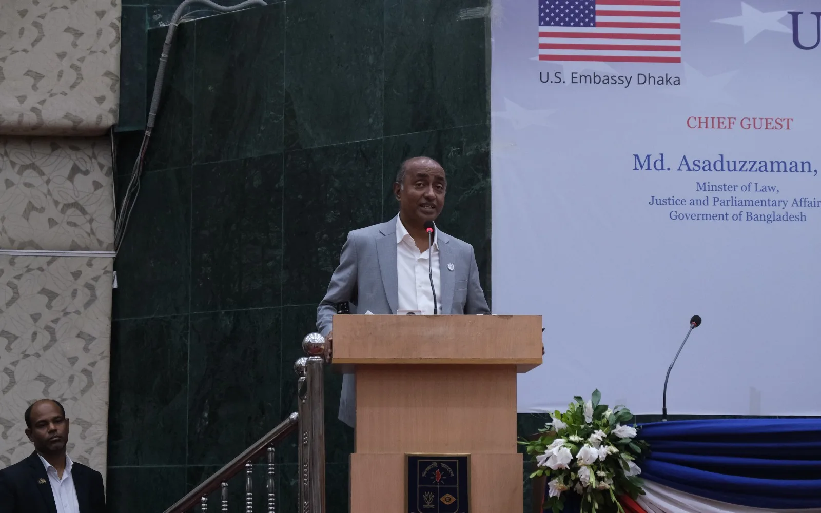 Law Minister Mohammad Asaduzzaman speaking at U.S. Constitution Day programme at Dhaka University.