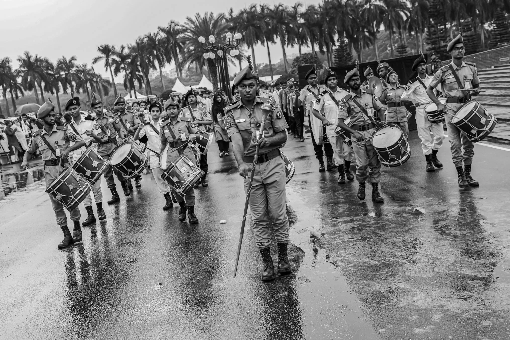 Young scouts take part in a parade during the signing ceremony of the July National Charter at the South Plaza of the National Parliament in Dhaka on 17 October 2025.